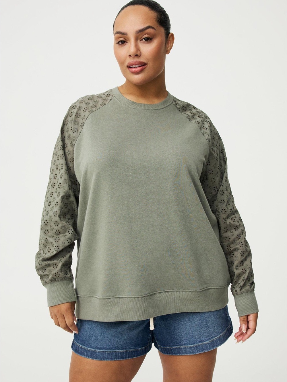 torrid Olive Green Crewneck Sweater with Eyelet Sleeves